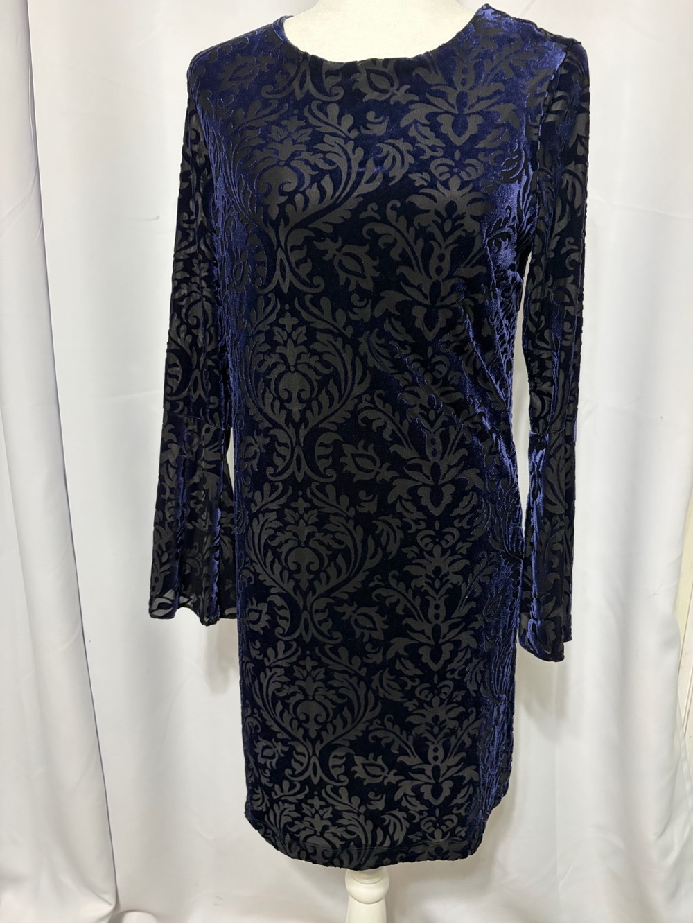 New York & Company Navy Blue Velvet Burnout Long Sleeve Dress